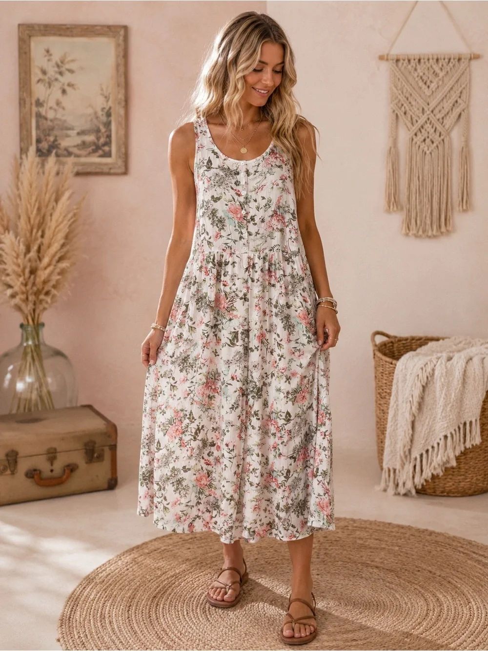 Frye White Midi Dress with Pink and Green Floral Print